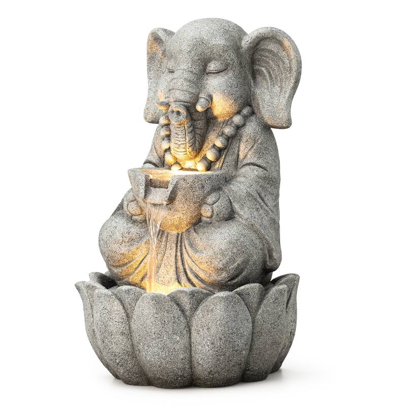 Glitzhome 21.75"H 2-Tiered Lighted Zen Style Frog Elephant Polyresin Outdoor Fountains
