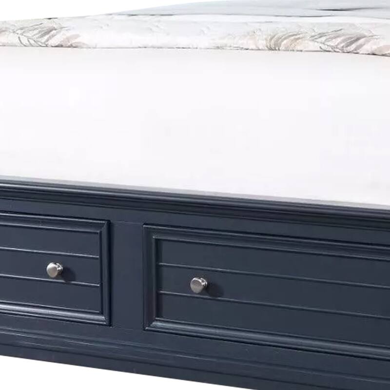 Zeny Queen Bed with Storage Drawers, Panel Headboard, Blue Wood