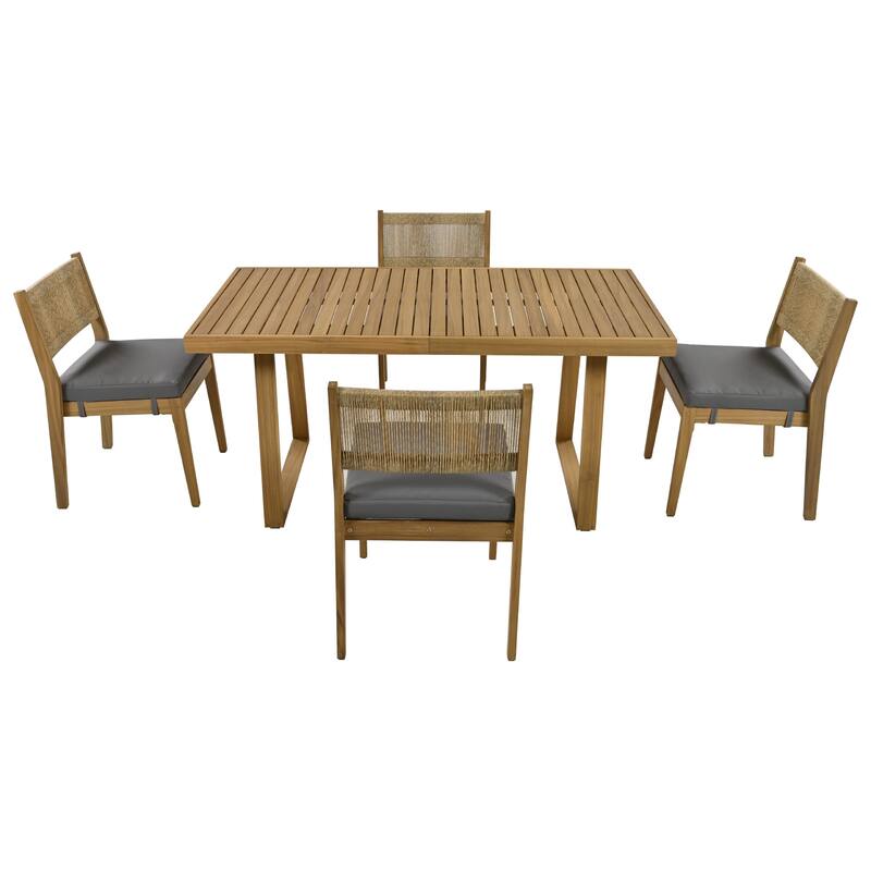 U_Style Outdoor Acacia Wood Dining Table and Chair Set, Thick Cushions