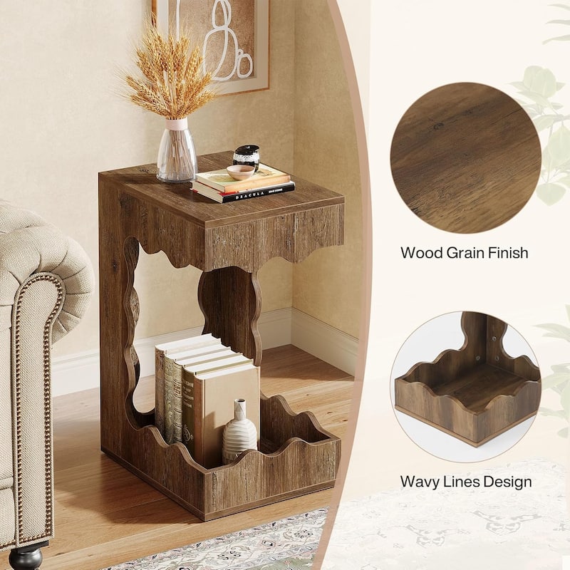 Farmhouse Narrow End Table, 2-Tier C-Shaped Side Table for Living Room - 17.3"W x 13.9"D x 25.6"H