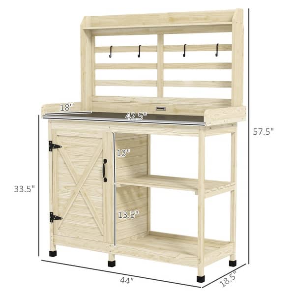 dimension image slide 1 of 2, Outsunny Wooden Potting Bench, Outdoor Potting Table with Storage Cabinet, Storage Shelves, Aluminum Table Top