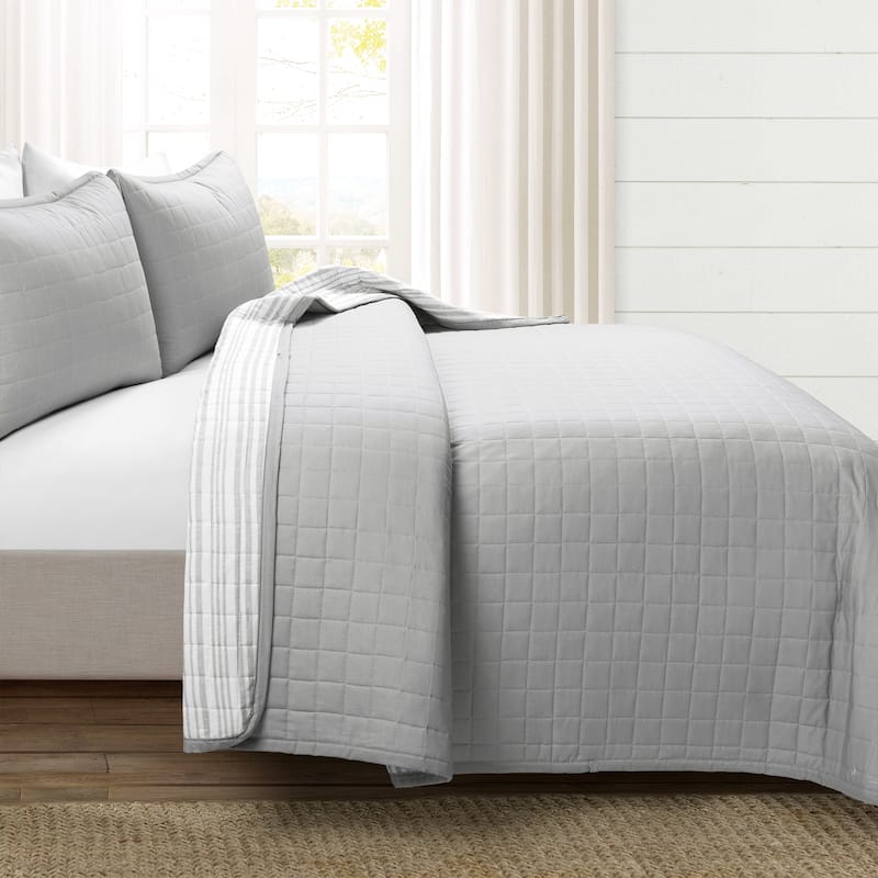 Lush Decor Farmhouse Box Stitch And Stripe Oversized Reversible Cotton Quilt Set
