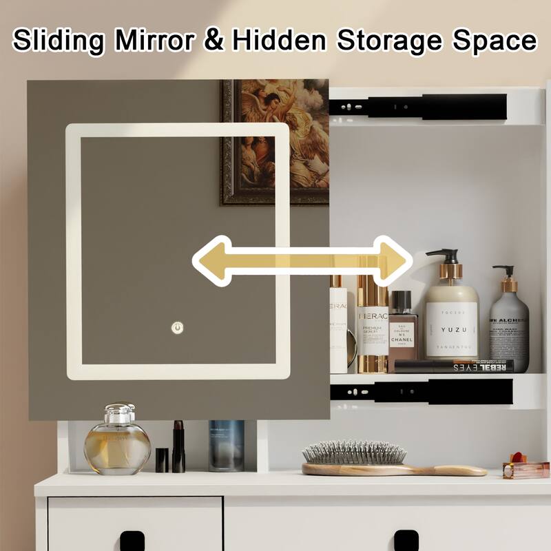 White Makeup Vanity Desk with Stool and Charging Station, 11 Drawers Dressing Table with Sliding LED Mirror
