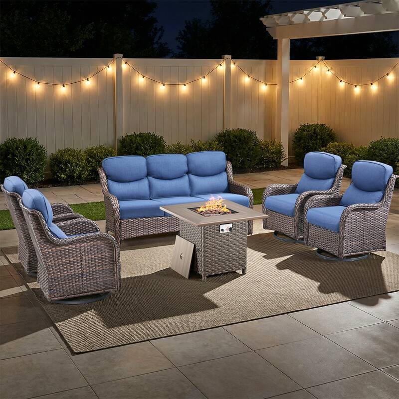 Pocassy Outdoor Propane Fire Table w/ Sofa Swivel Chair Ottoman Funiture Set. - Brown Wicker Blue Cushion - 6-Piece Sofa Swivel Chair w/ Fie Pit Table