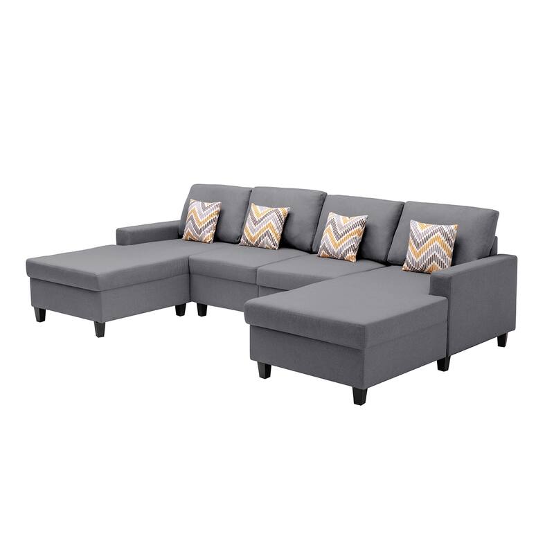 Linen Fabric 4 Piece Double Chaise Sectional Sofa with 4 Pillows and Interchangeable Legs