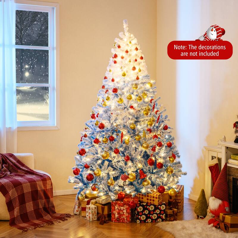 Gymax 5/6/7/8 FT Artificial Christmas Tree Hinged Snow Flocked Xmas - Blue, White