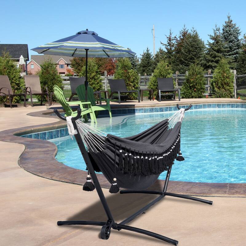 Double Cotton Hammock with Heavy Duty Steel Stand