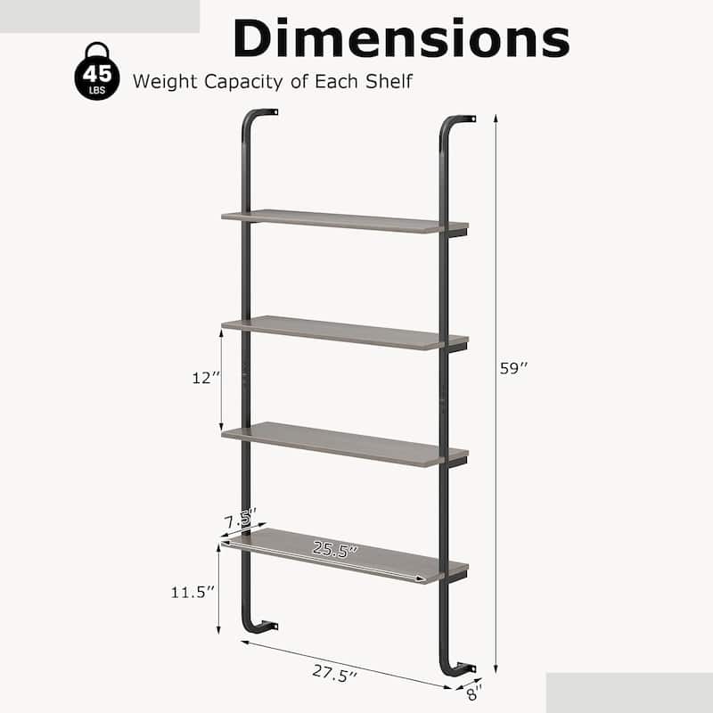 Set of 1/2 Wall Mounted Pipe Shelving Unit 4-Tier Ladder Bookshelf