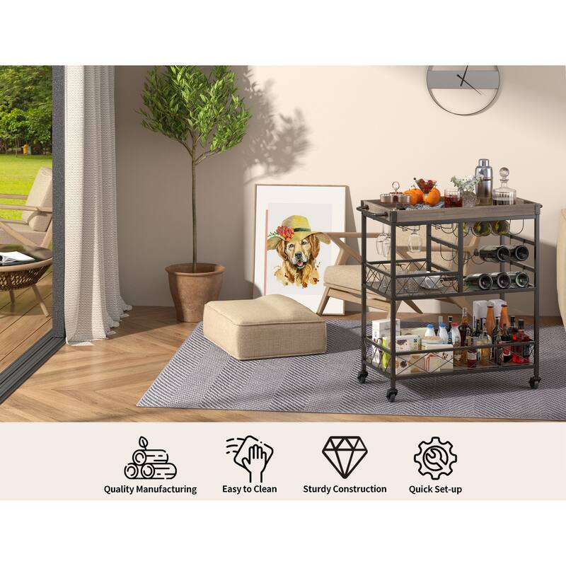 Bar Serving Cart, Bar Cabinet, Mobile Wine Cart with Lockable Wheels