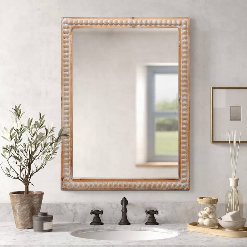 Wooden Frame Wall Mirror Farmhouse Wall Mounted Rectangle Mirror - Antique Natural