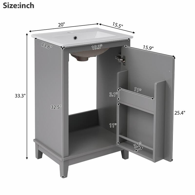 Modern 20-Inch Small Bathroom Vanity Cabinet with Ceramic Basin