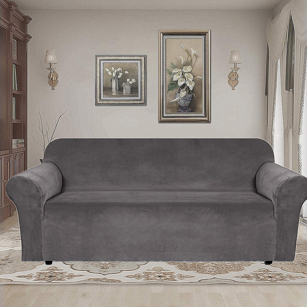 Hampstead Stretch Velvet Sofa Slipcover | Machine Washable in Charcoal