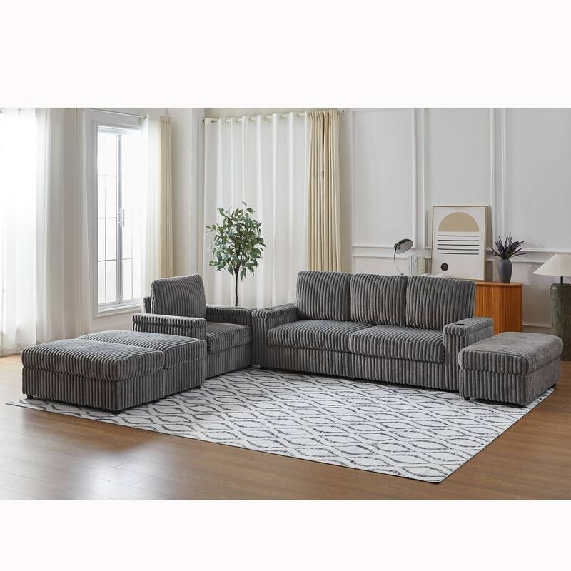 3-seater Modern Sofa with Corduroy Single Sofa, Cup-holding Grooves and 3 Ottomans
