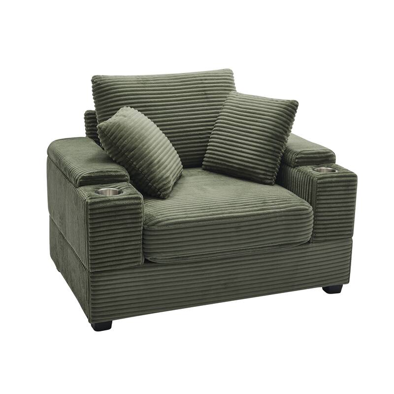 Corduroy Sofa Sets with Ottoman, Handrail Storage and Cup Holders