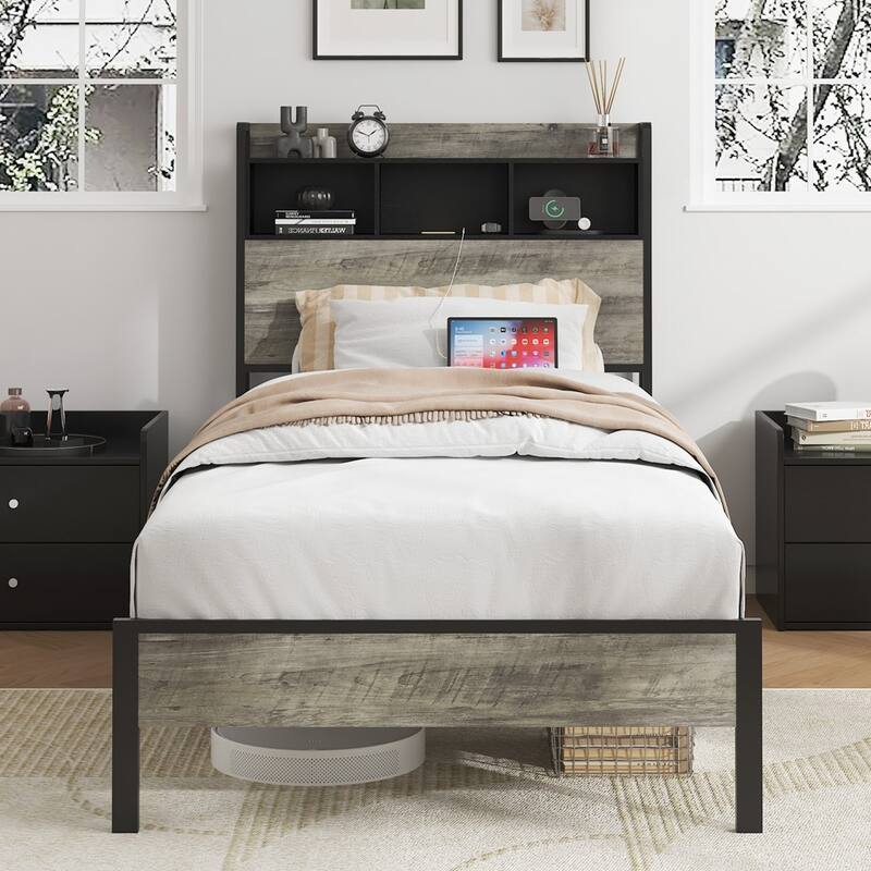 Bed frame with storage space at the head of the bed and a charging statio - Twin