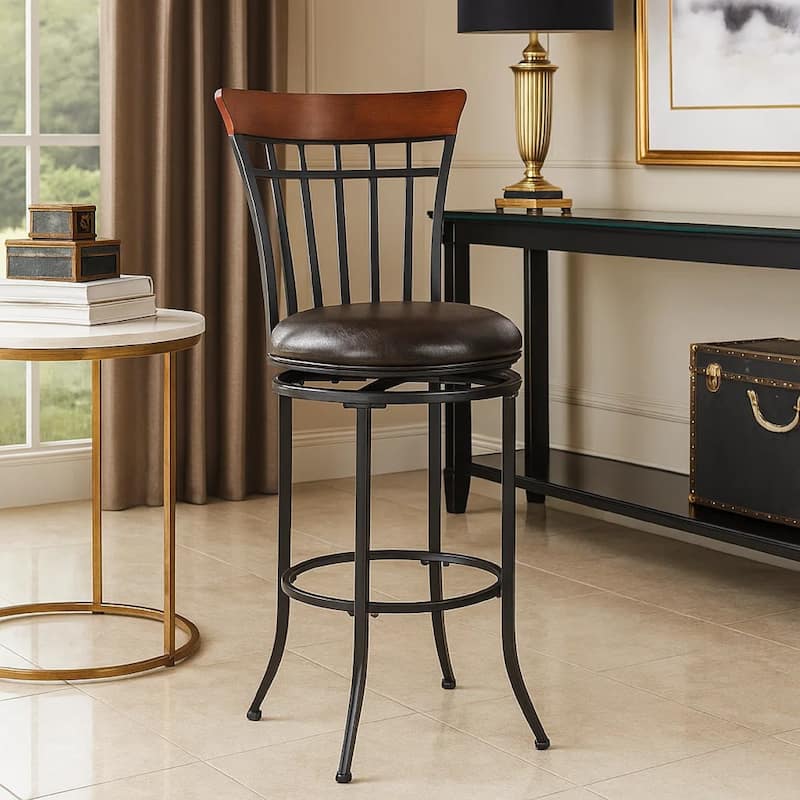 Nira Swivel Bar Height Chair, Brown Faux Leather, Wood Back, Black Metal