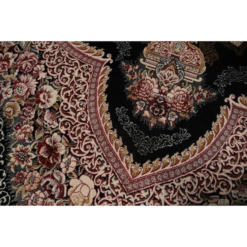 Machine Made Oriental 90% Silk - 10% Polyester Carpet Traditional Medallion Navy Blue & Blues Qum Area Rug - 9' 10'' X 6' 6''