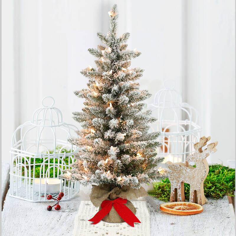 Pre-lit Slim Flocked Artificial Fraser Fir Christmas Tree - 3’ - Clear Lights - 3 Foot