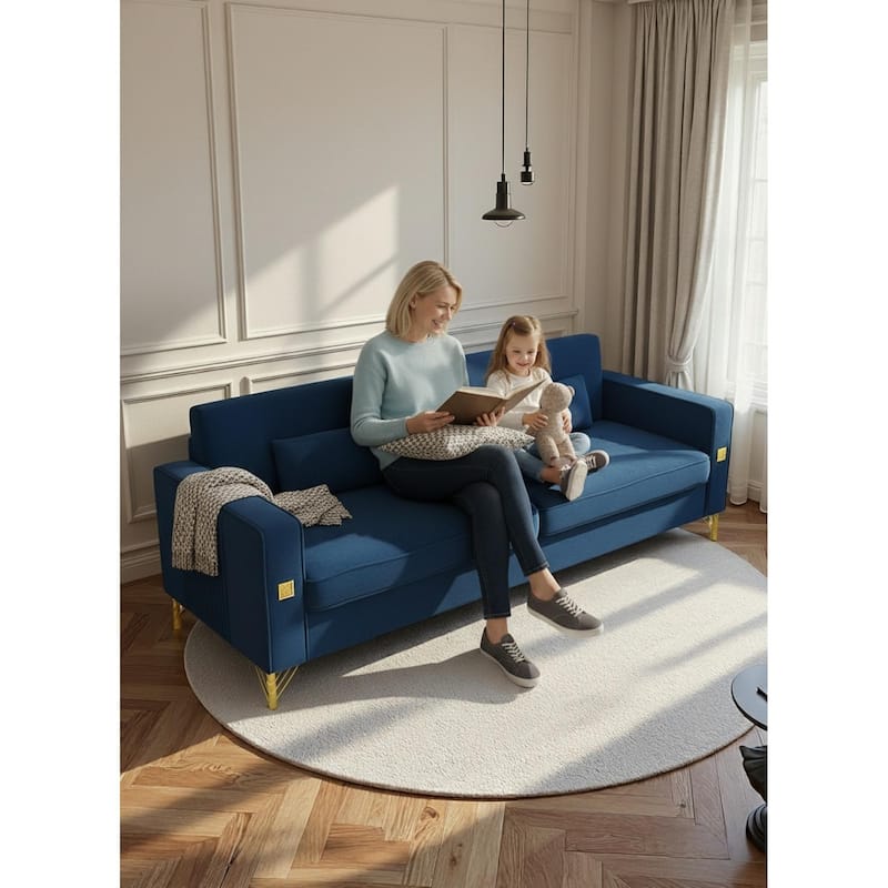 Roomfitters Mid-Century Modern Upholstered Sofa with Gold Metal Legs and Square Arms, Elegant Couch for Living Room