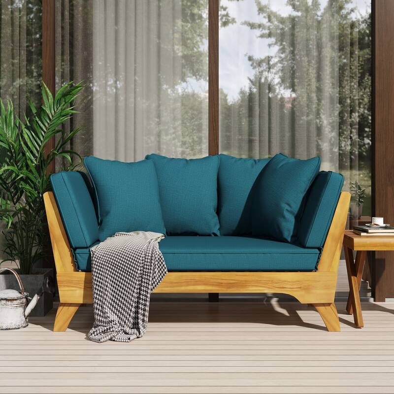 Expandable Daybed with Cushions, Outdoor Couch Acacia Wood Patio Couch with Adjustable Armrests
