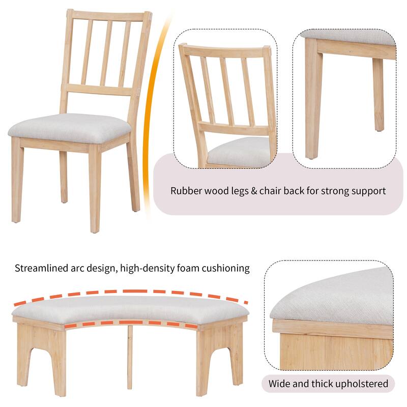 5-piece Rustic Charm Round Dining Set with 3 Upholstered Chairs and Curved Bench