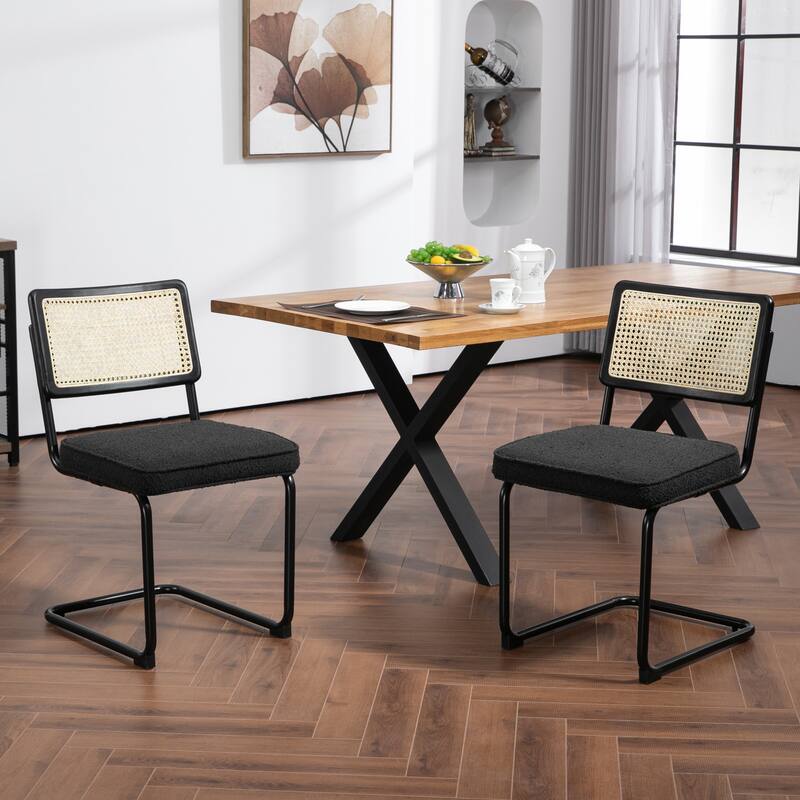 Set of 2 Aziel Black Boucle Dining Chair with Rattan Backrest and Black Iron Legs
