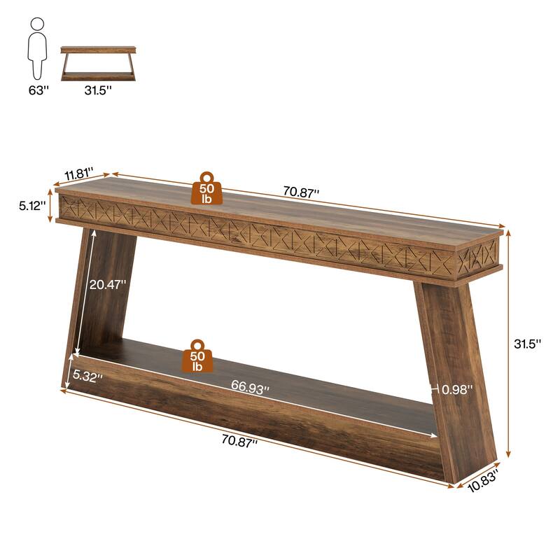 Farmhouse 2-Tier Console Table for Entryway, Living Room, Hallway, Foyer - 70.87" D x 11.81" W x 31.5" H