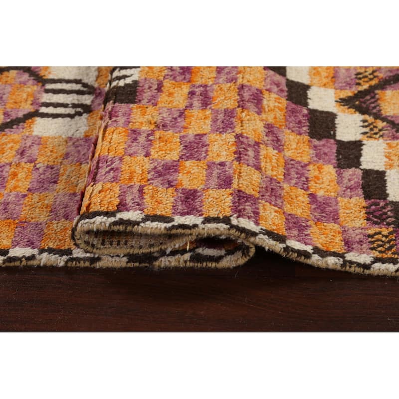Modern Checkered Moroccan Oriental Runner Rug Hand-knotted Wool Carpet - 2'11" x 12'10"