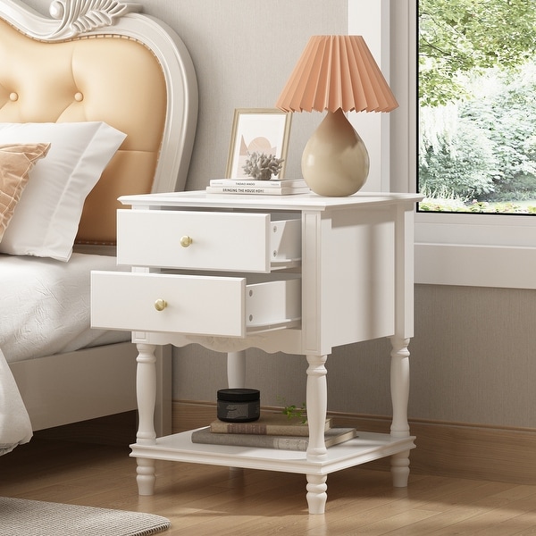 Rustic Farmhouse Accent End Table Nightstand Side Tables White Lacquer 2 Drawer