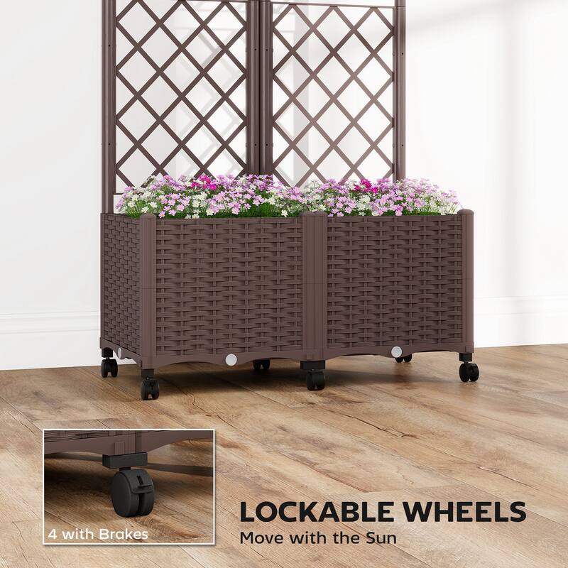 Outsunny Planter Box with Trellis, Self Watering Raised Garden Bed with Lockable Wheels, 56.3" Trellis Privacy Planter