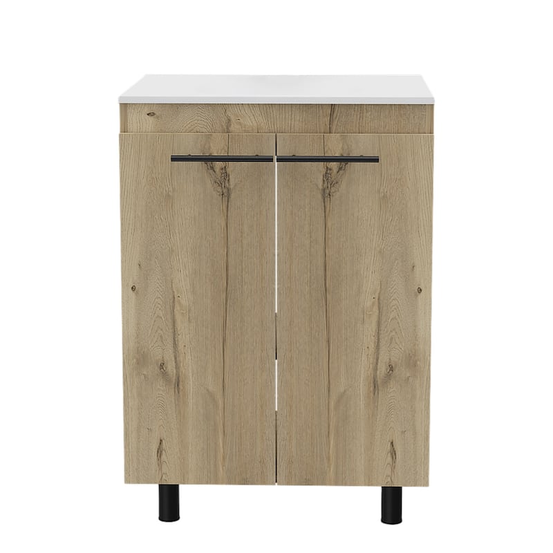 HomeRoots 24" Oak Wood Freestanding Double Door Bathroom Vanity With White Sink - 23.80 in. x 34.10 in. x 18.10 in.