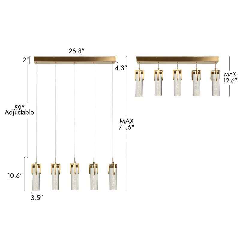 Modern 5-Light Fixture Gold Brass Linear LED Chandelier Acrylic Kitchen Island Light for Dining Room - 28.9" × 10.6" × 4.3"