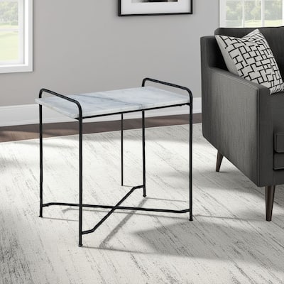 Accent Table, 22 Inch White Marble Top, Industrial Black Metal Legs