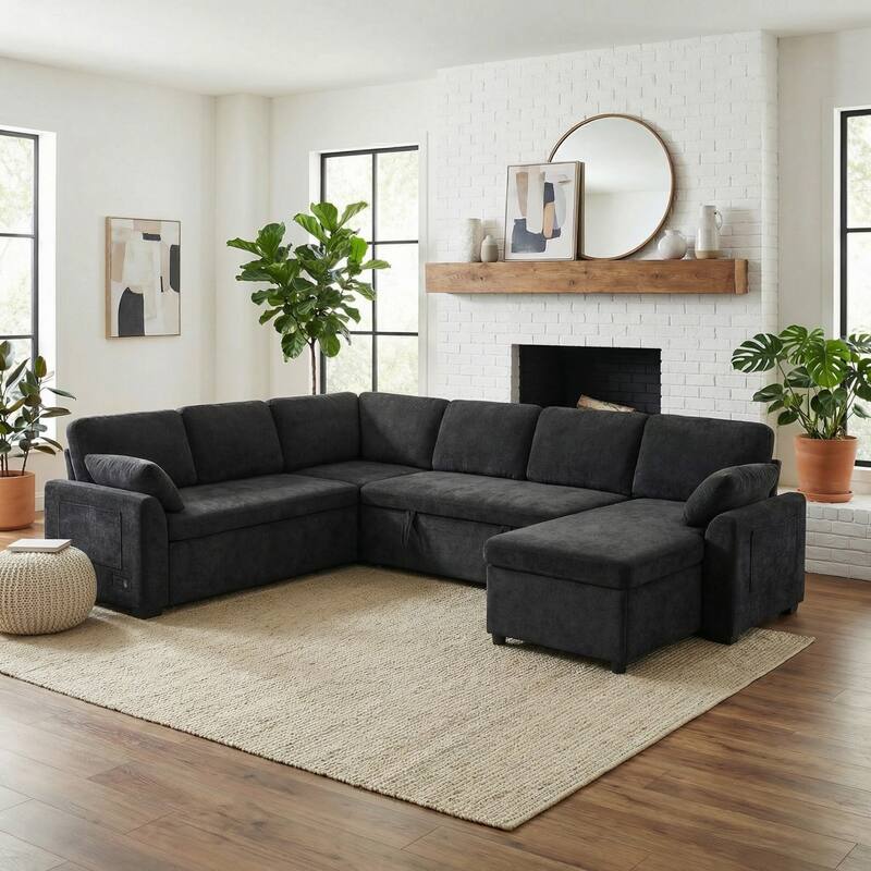 111.2" U-shaped Sofa with Reversible Chaise and Convertible Sofa Bed - Black
