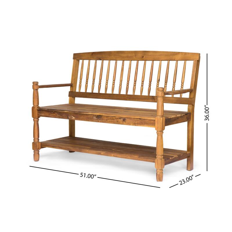 Roomfitters Wooden Outdoor Patio Bench with Slatted Backrest, Armrests, and Storage Shelf