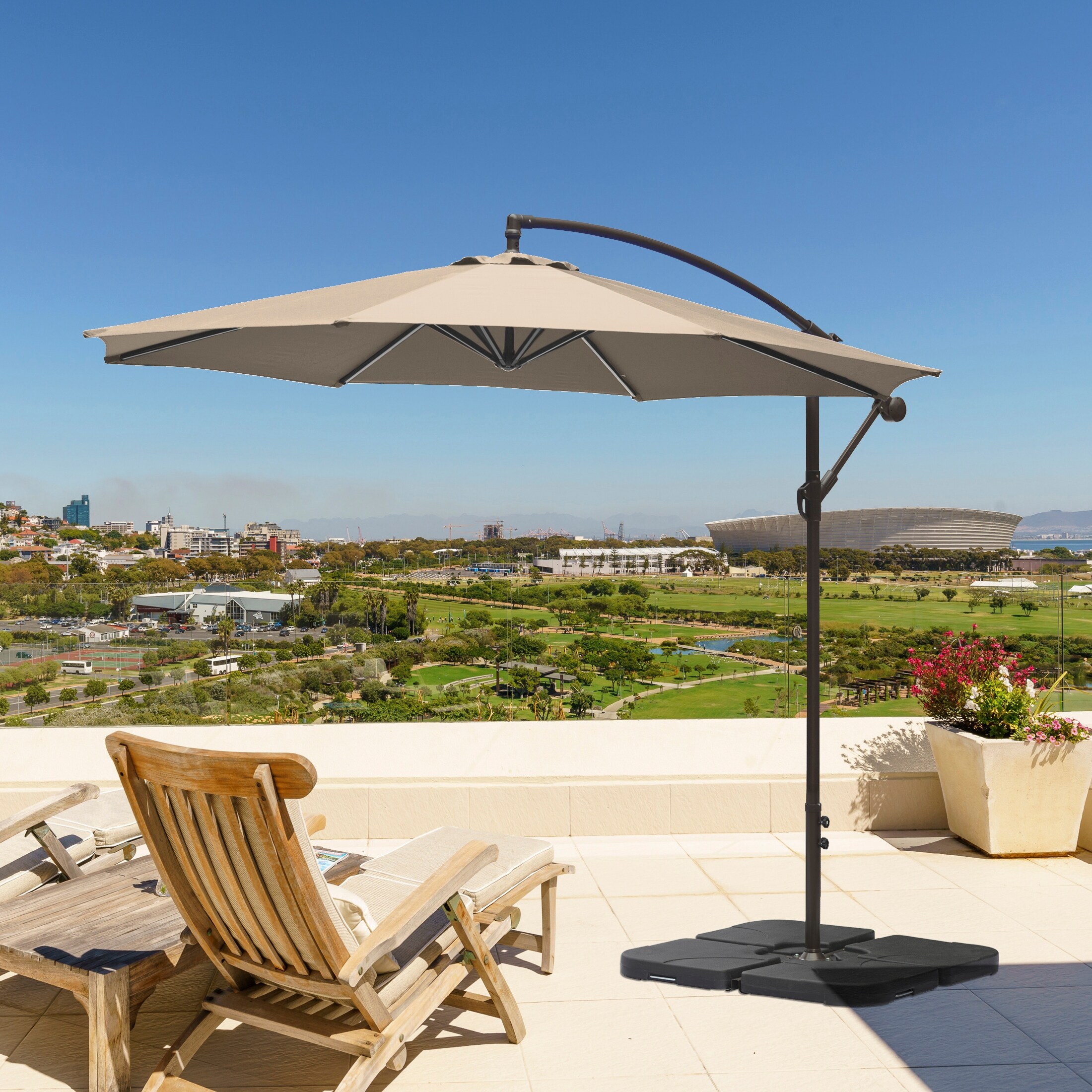 Hanging patio umbrella with base clearance