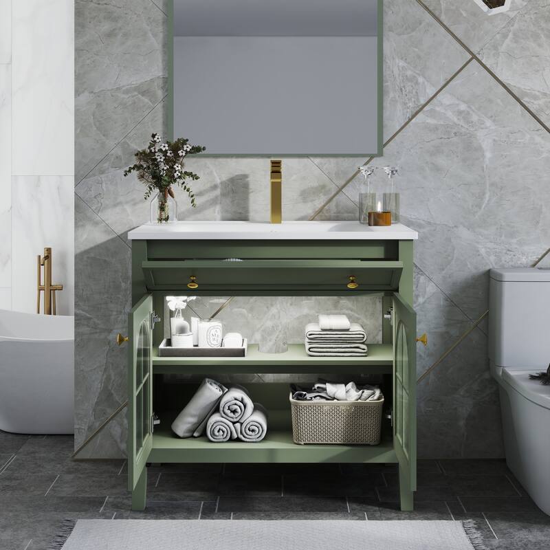Modern Single Sink Bathroom Vanity Cabinet with Motion-sensor Light Strip & Patterned Glass, Ceramic Integrated Basin