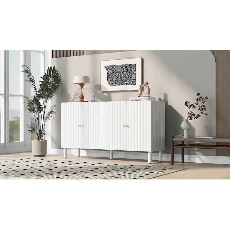 Rubber Wood 4 Door Sideboard with Wavy Pattern Doors and Cylindrical Legs, Storage Cabinet with Metal Door Handle
