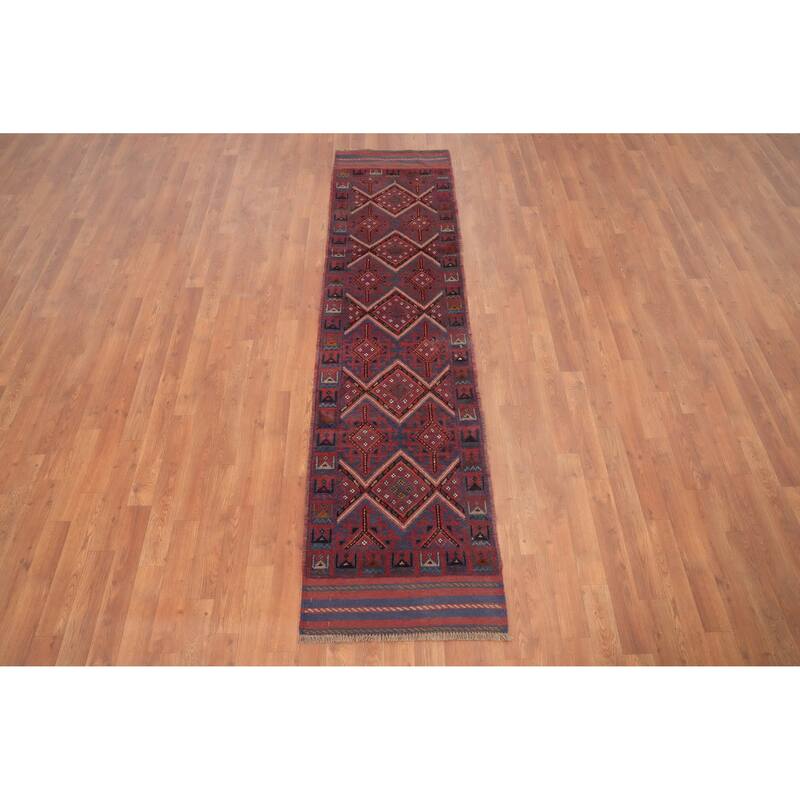 Hand Knotted Oriental 100% Wool Carpet Traditional Tribal Navy Blue & Blues Balouch Runner Rug - 7' 10'' X 2' 0''