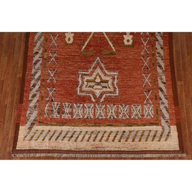 Hand Knotted Oriental 100% Wool Carpet Modern Tribal Oranges & Rust Moroccan Area Rug - 10' 0'' X 7' 1''
