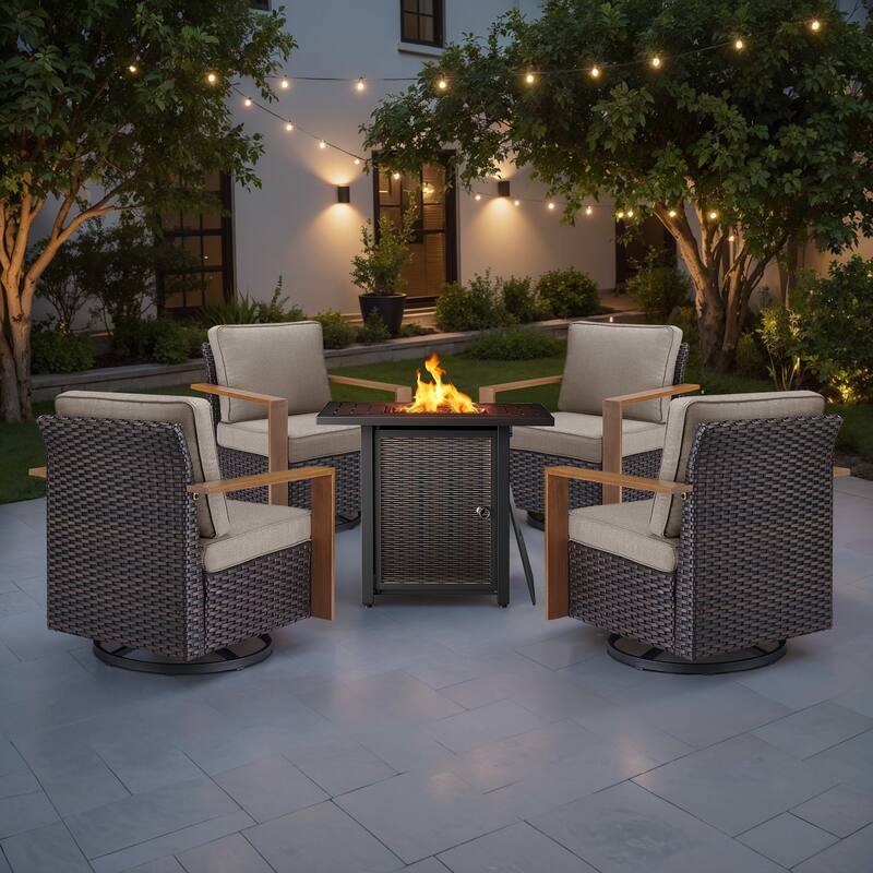 Meyreso 5-Piece Wicker Swivel Glider Metal Fire Pit Set with Plush 4.5" Olefin Cushions - Brown Wicker - Beige Cushions