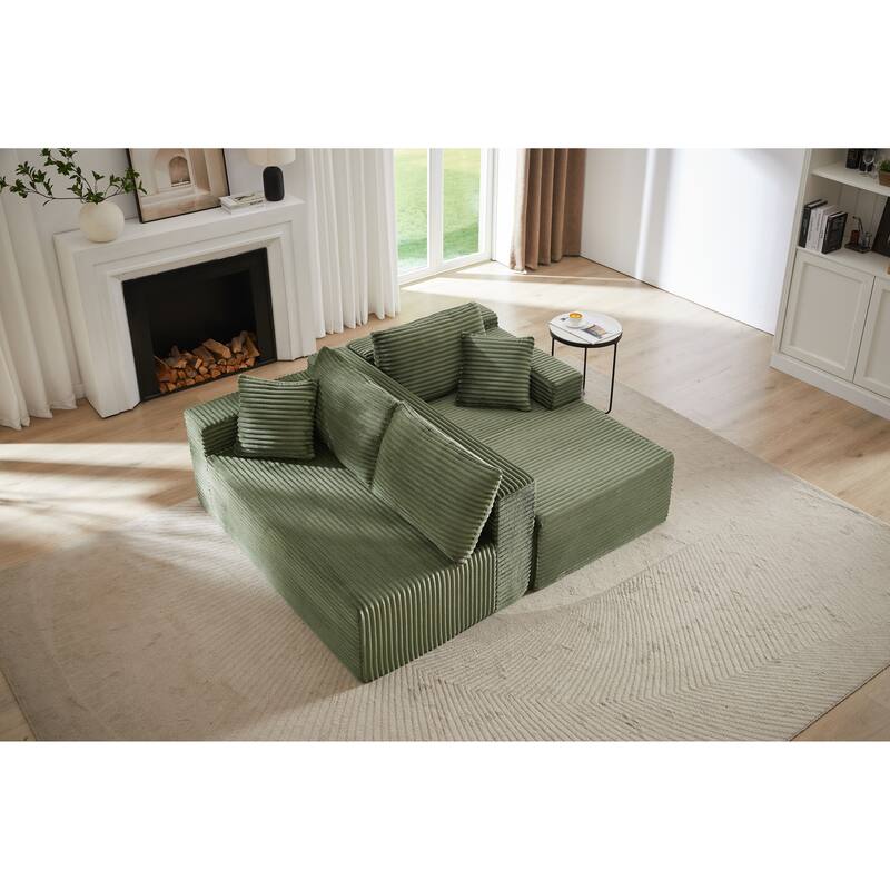 Modular Sleeper Couches Corduroy L-shaped Sectional Sofa with Chaise - Green