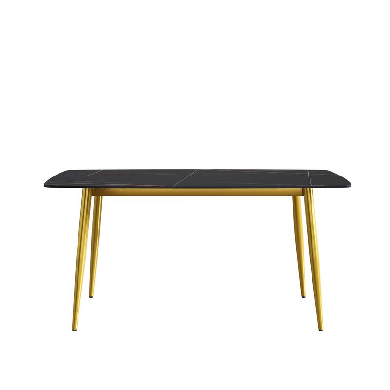 63" Modern Dining Table,Sintered Stone Tabletop and Solid Gold Carbon Steel Base