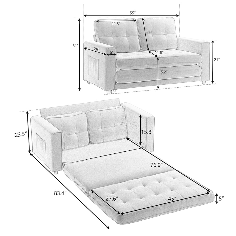 Folding Sofa Bed with Two Storage Pockets, Linen Convertible Foldable Couch Bed