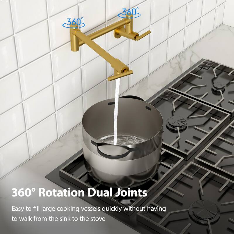 Lordear Wall Mount Brassmetal Pot Filler Faucet with Single Hole 360 Degree Rotation Dual Joints