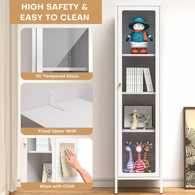 4/5-Tier Glass Curio Display Cabinet with Doors & Adjustable Storage Shelves