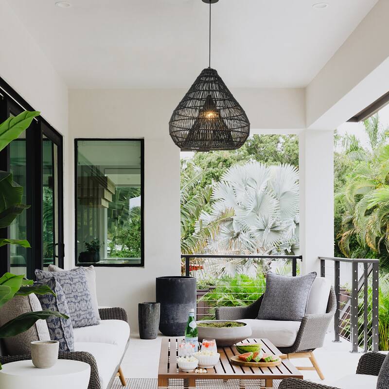 Serina 1-Light Wicker Outdoor Pendant Light, Coastal Boho Dome - Handwoven