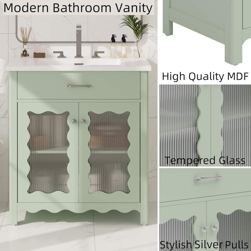 31" Bathroom Vanity with Tempered Glass, Modern Bathroom Cabinet with Rubber Wood legs and Soft close Doors, White
