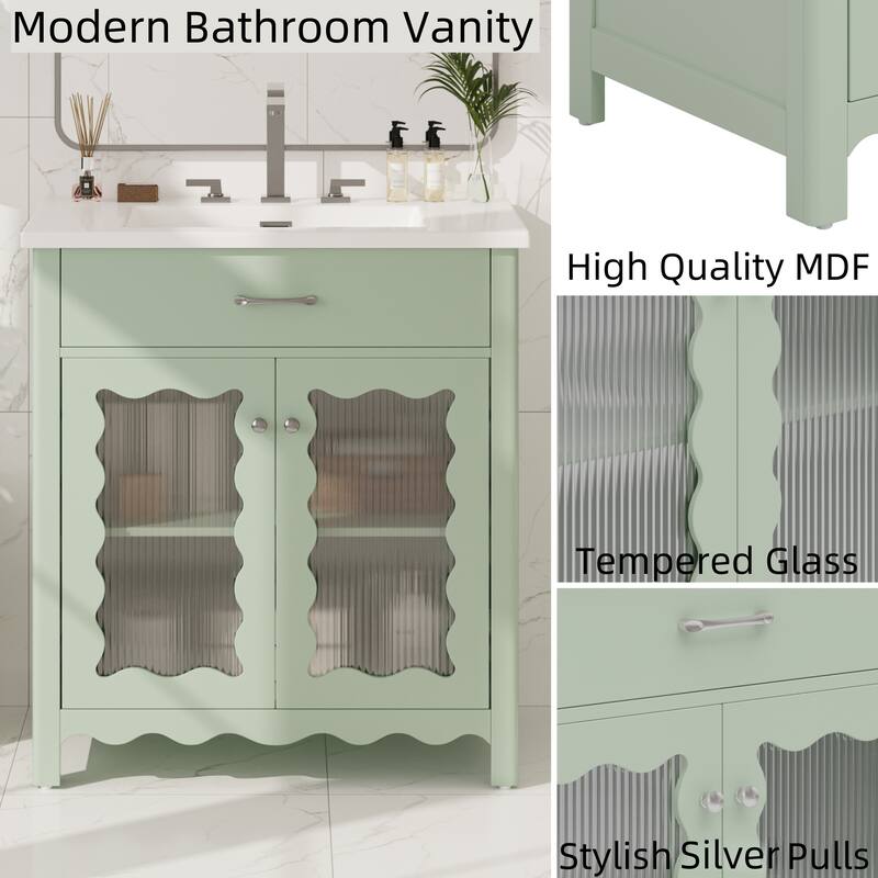 Bathroom Vanity with Sink, Bathroom Cabinet with Tempered Glass Doors & Adjustable Shelves, Wood Bathroom Storage Cabinet