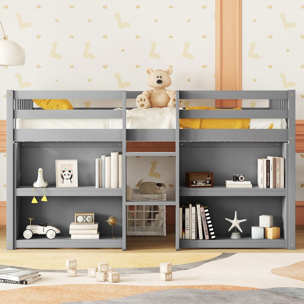 Twin Size Low Loft Bed with Shelves, LED Light, and Play Area, Grey